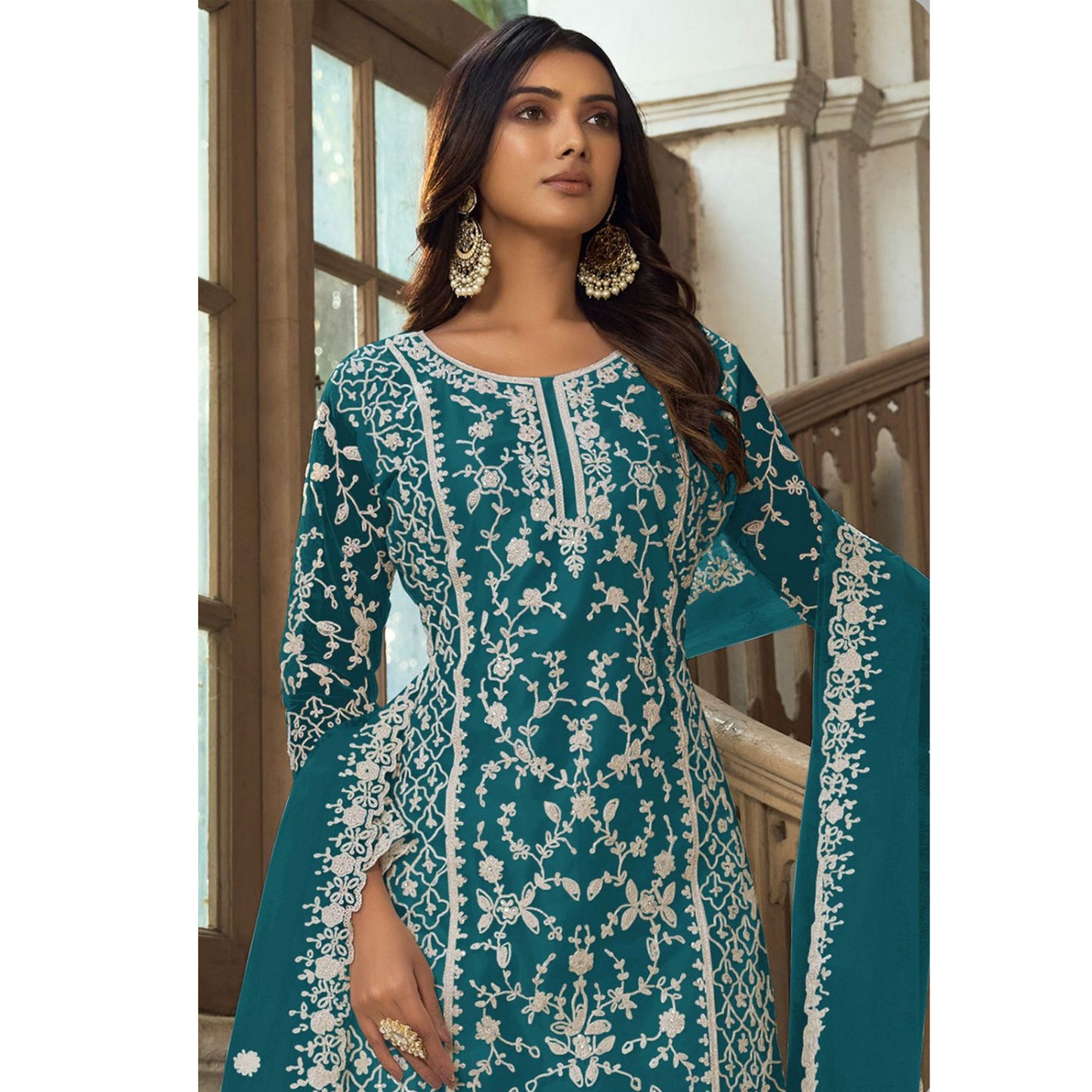 Amazing Designer Heavy Embroidery Work & Net Fabric Salwar Kameez Plazzo Suit With Cording Work Dupatta