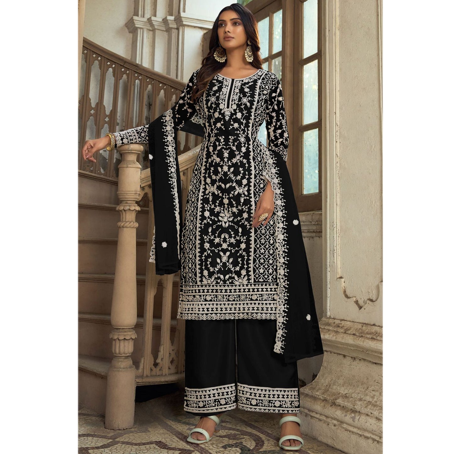 Amazing Designer Heavy Embroidery Work & Net Fabric Salwar Kameez Plazzo Suit With Cording Work Dupatta