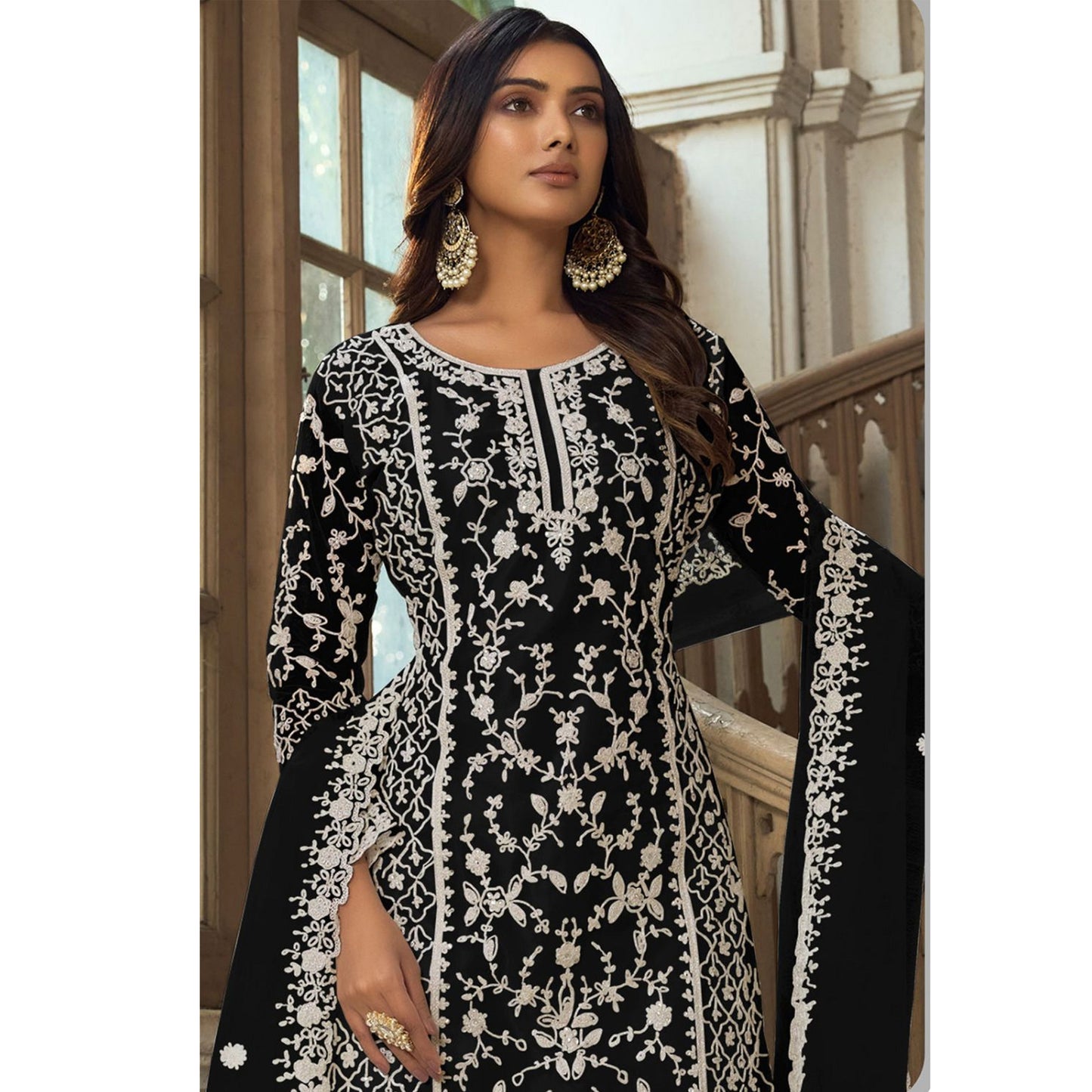 Amazing Designer Heavy Embroidery Work & Net Fabric Salwar Kameez Plazzo Suit With Cording Work Dupatta