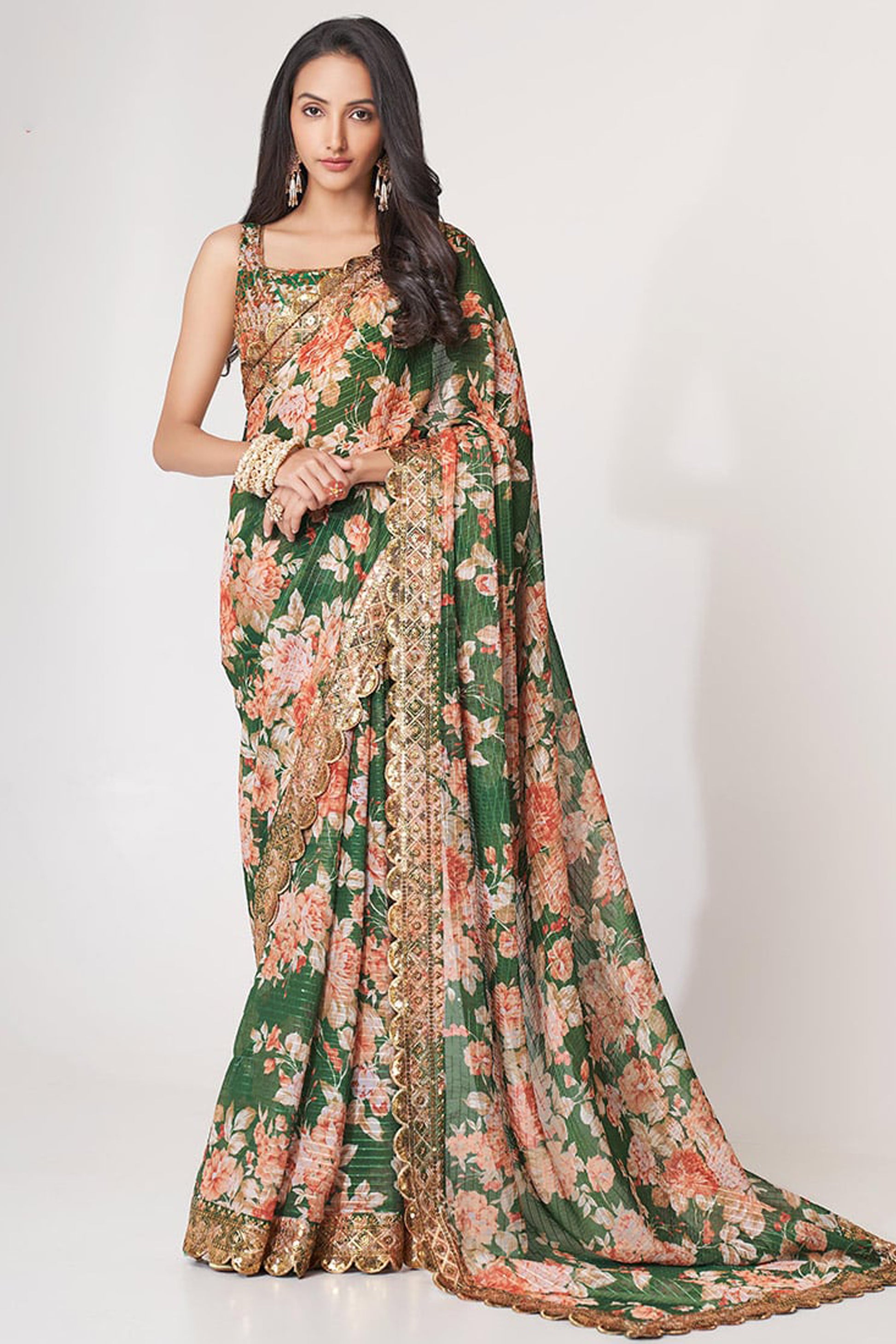 Pretty Green Color Floral Printed Classic Saree With Occasion Wear Saree