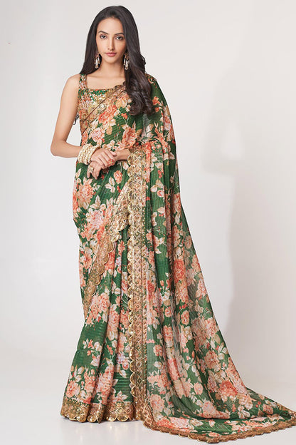 Pretty Green Color Floral Printed Classic Saree With Occasion Wear Saree