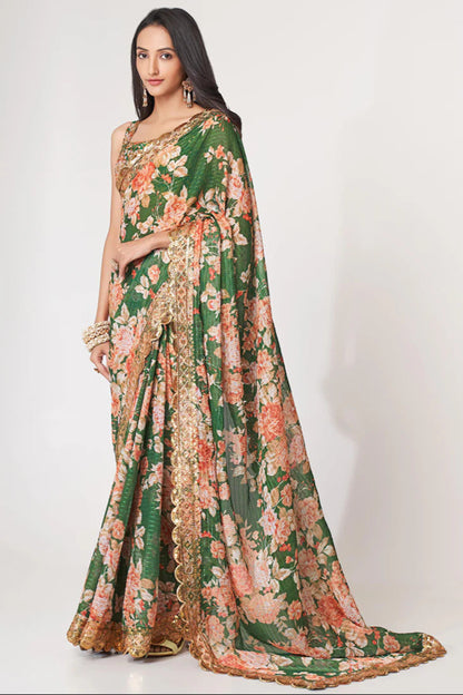 Pretty Green Color Floral Printed Classic Saree With Occasion Wear Saree