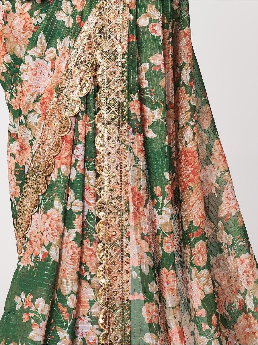 Pretty Green Color Floral Printed Classic Saree With Occasion Wear Saree