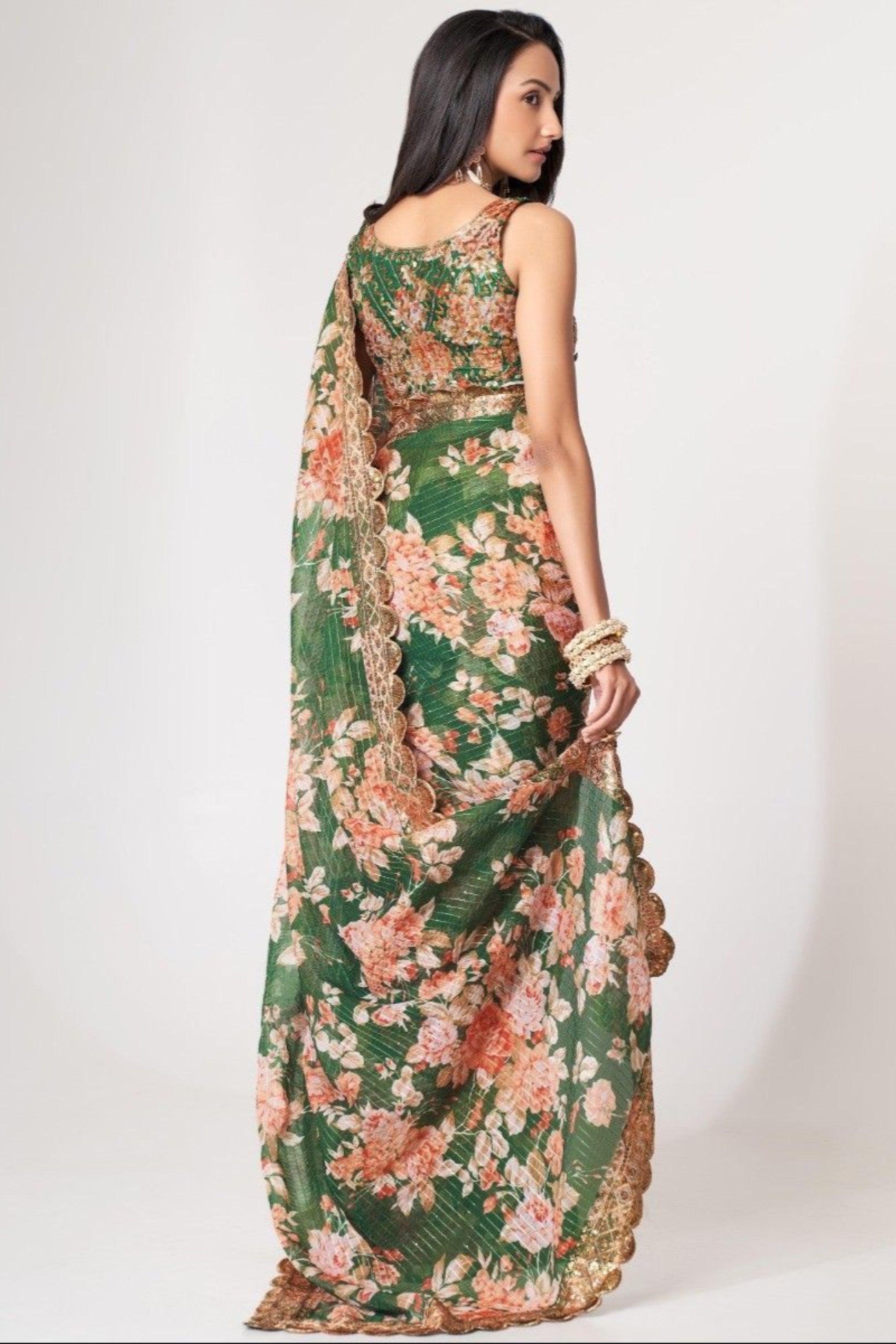 Pretty Green Color Floral Printed Classic Saree With Occasion Wear Saree