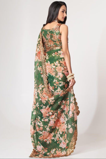 Pretty Green Color Floral Printed Classic Saree With Occasion Wear Saree