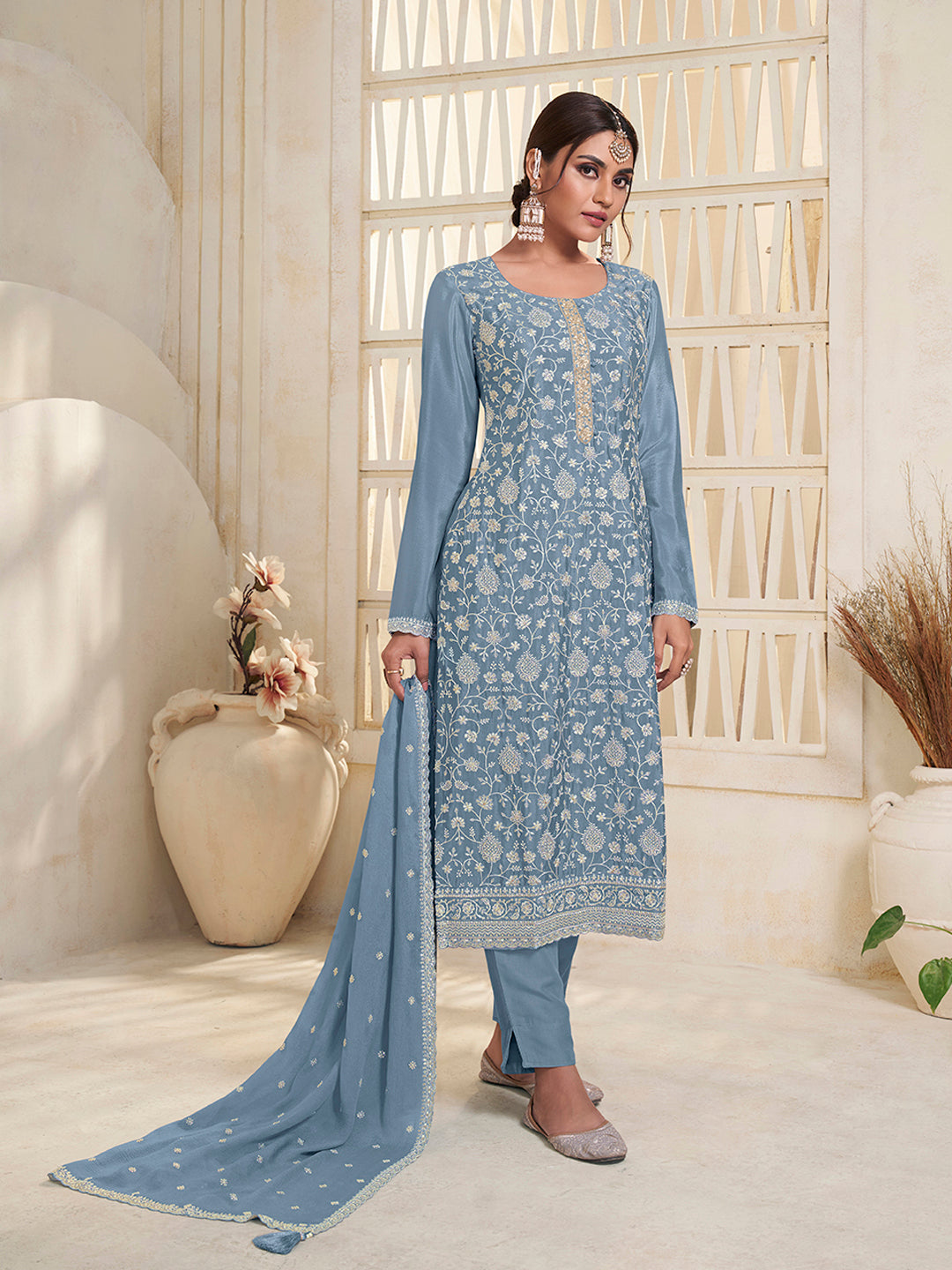 Indian Designer Thread Embroidery Chinon Work Event Wear Salwar Kameez Pant Suit