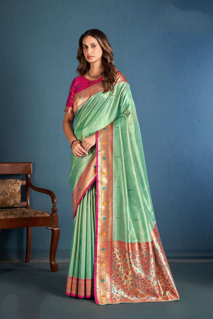 Simple Stitched Saree Beautiful Pistachio Color Wedding Reception Wear Saree