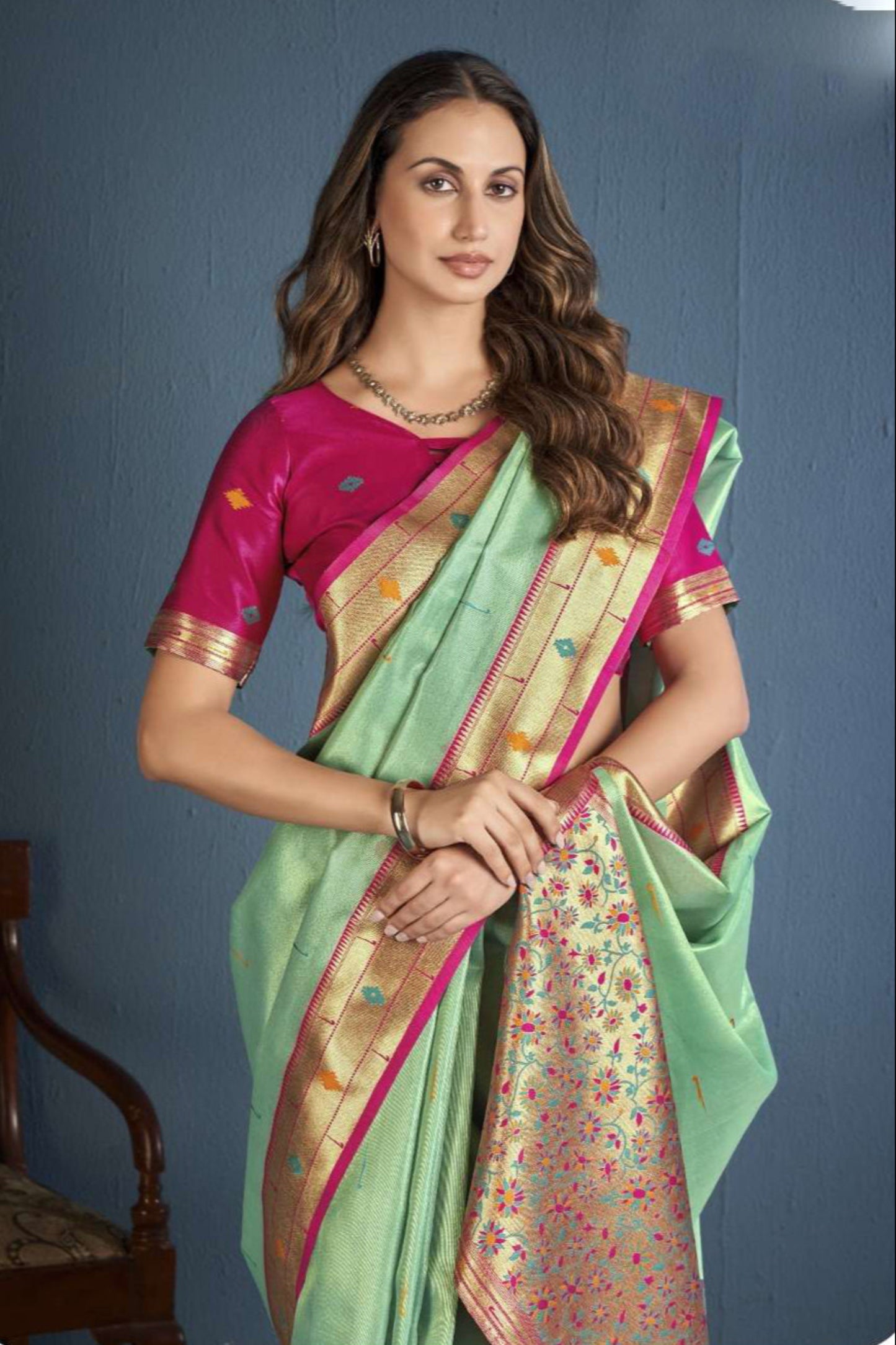 Simple Stitched Saree Beautiful Pistachio Color Wedding Reception Wear Saree