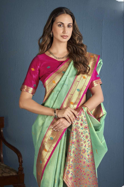 Simple Stitched Saree Beautiful Pistachio Color Wedding Reception Wear Saree