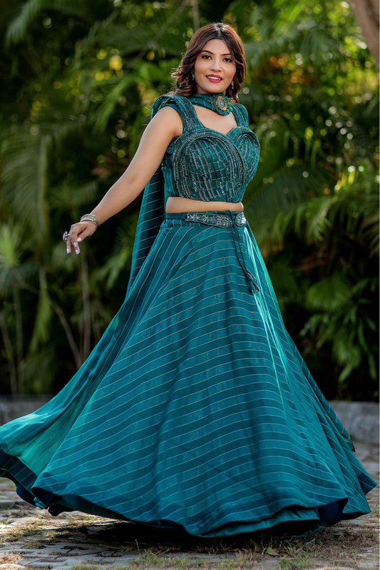 Designer Glamorous Blue Color Pure Silk Fabric Engagement Wear Lehenga Choli