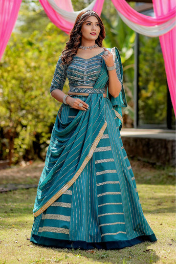 Exquisite Teal Blue Color Silk Fabric Wedding Party Wear Lehenga Choli With Designer Blouse