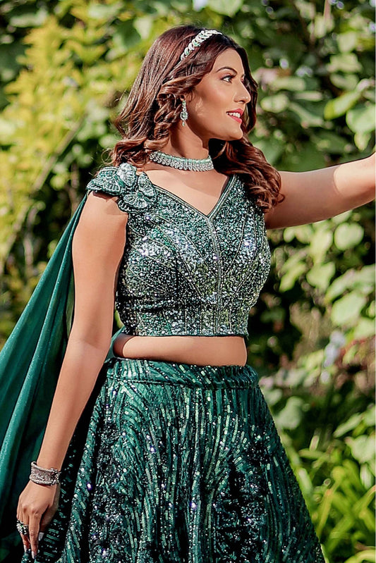 Gorgeous Green Color Silk Fabric Embroidery Work Wedding Look Lehenga Choli