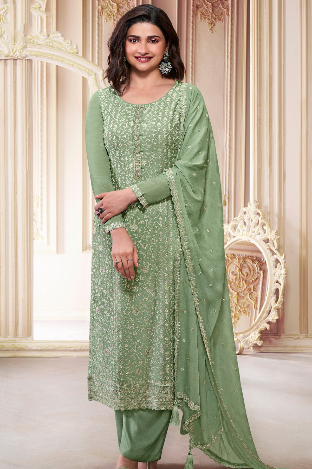 Designer thread embroidery Chinon wedding salwar kameez