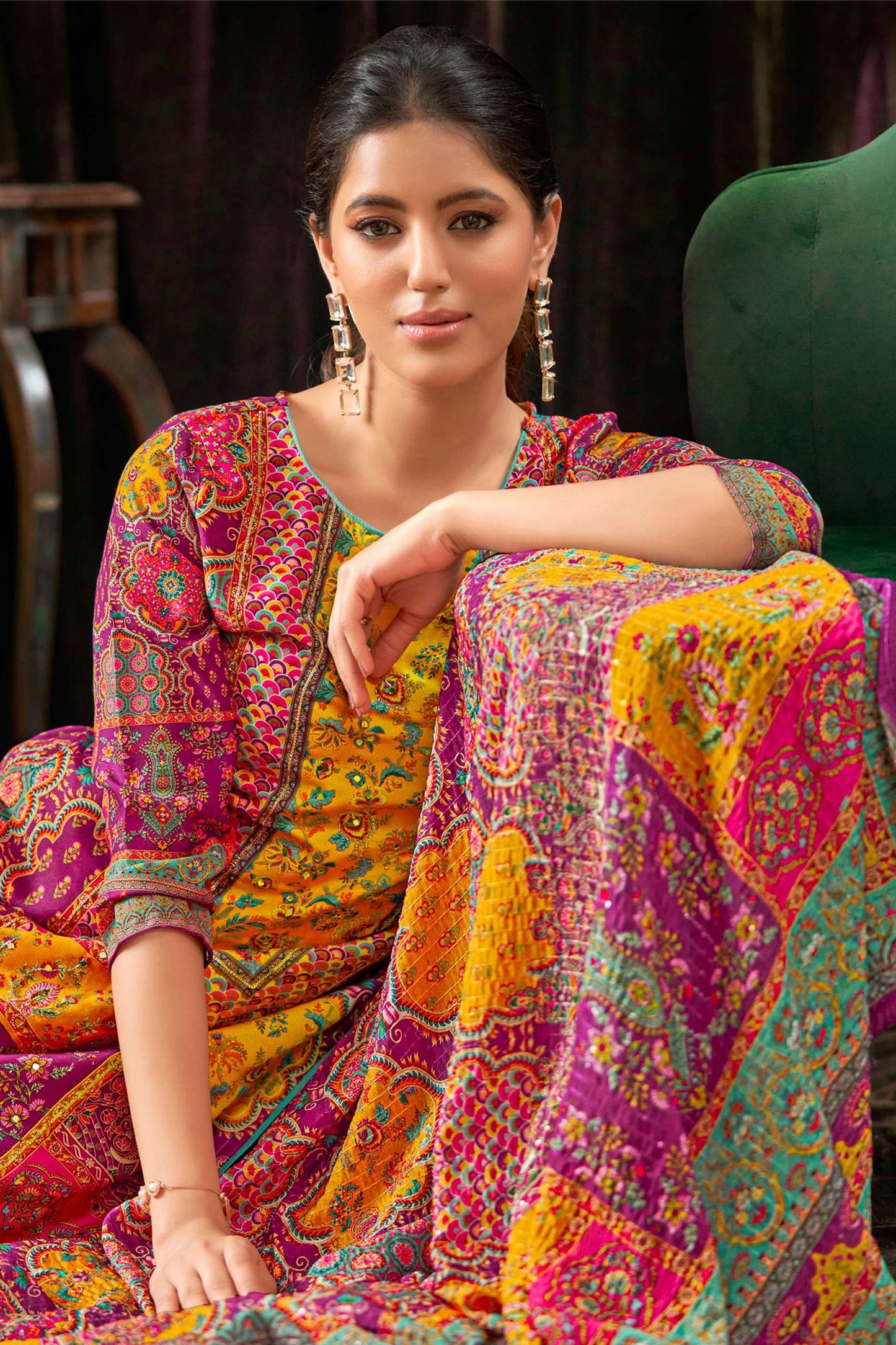 Women's wear Digital Printed Work Shalwar Kameez Plazzo Pant Suit UK