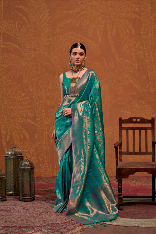Custom Stitched Sarees Teal Green Printed Silk Sari With Ready to Wear Blouse