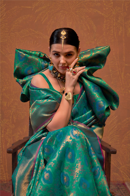 Custom Stitched Sarees Teal Green Printed Silk Sari With Ready to Wear Blouse