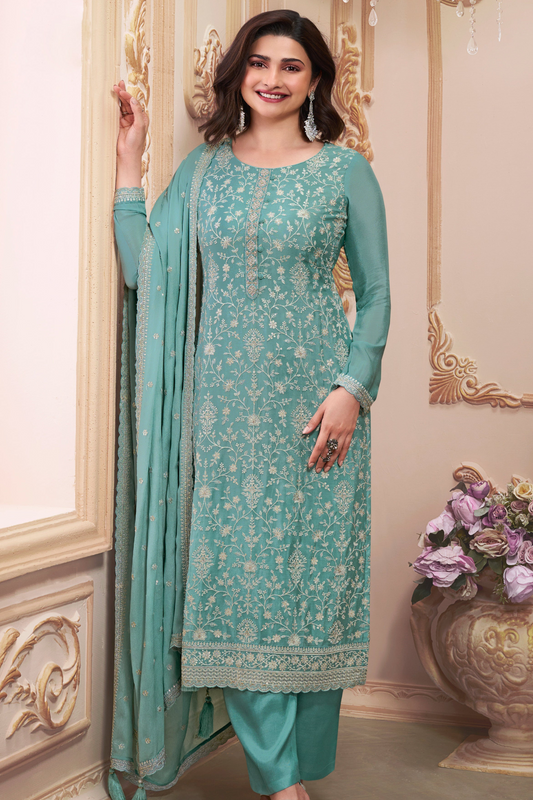 Indian Designer Thread Embroidery Chinon Work Event Wear Salwar Kameez Pant Suit