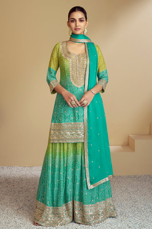 Indian Pakistani Designer Ready To Wear Heavy Embroidery Work Sharara Style Suits With Chinon Dupatta