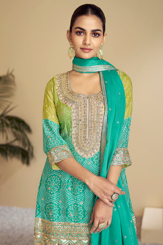 Indian Pakistani Designer Ready To Wear Heavy Embroidery Work Sharara Style Suits With Chinon Dupatta
