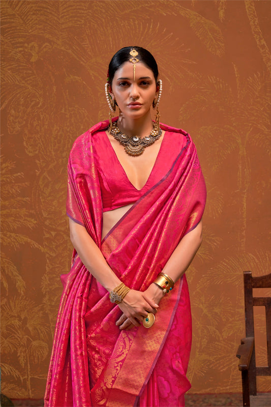 Indian Stitched Saree Pink Color Woven Work Silk Sari With Blouse