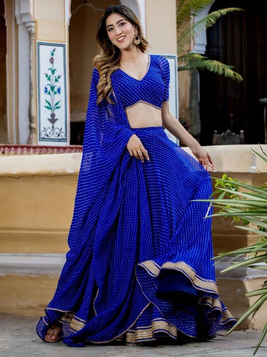 Indian Designer Blue Color Ready To Wear Laheriya Print Work Lehenga Choli