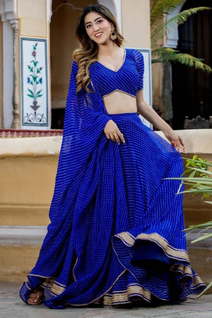 Awesome Blue Color Fancy Fabric Printed Design Festival Wear Stitched Lehenga Choli