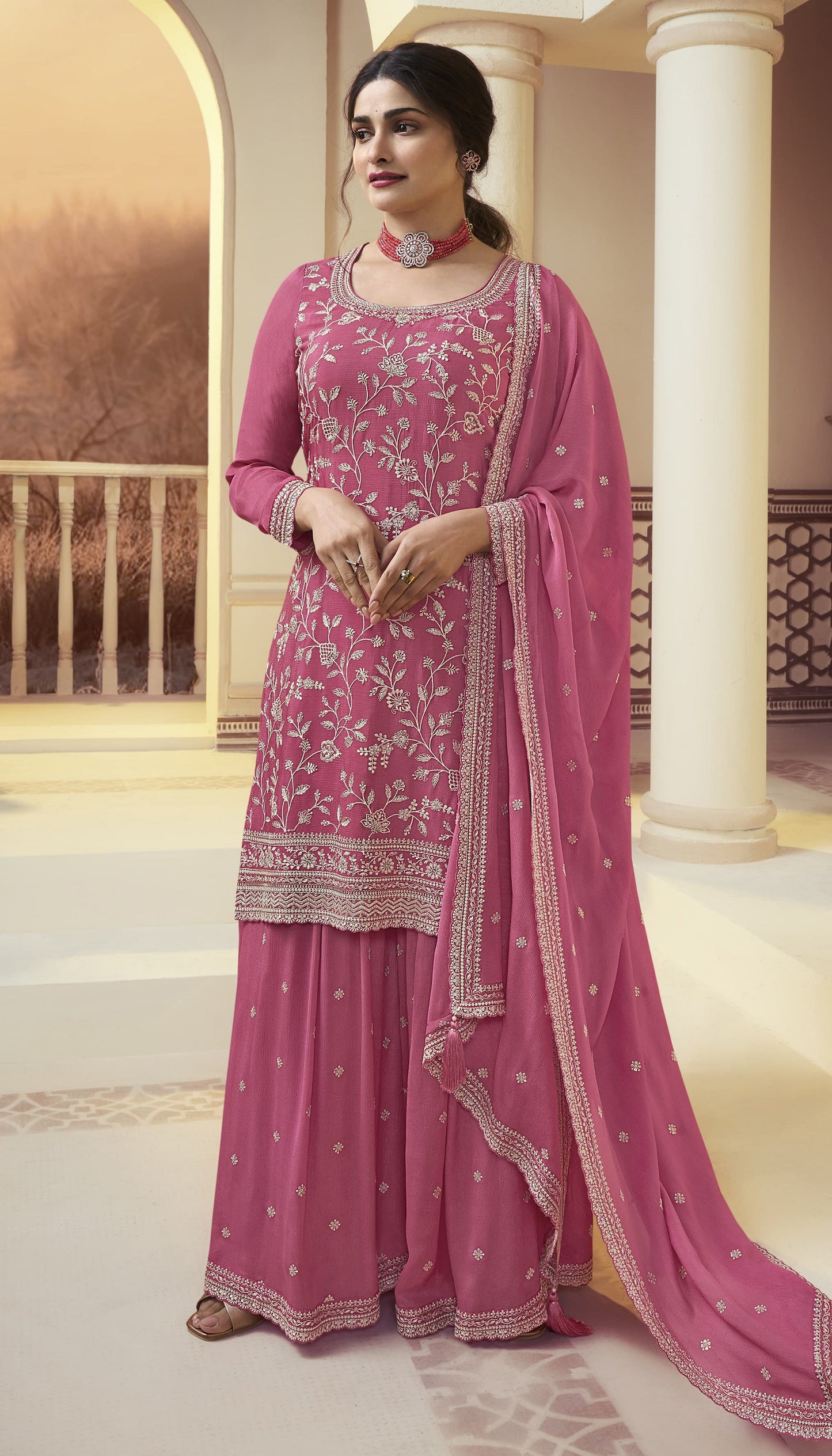 Indian Pakistani Designer Embroidery Work Salwar Kameez Palazzo Suit With Chinon Dupatta