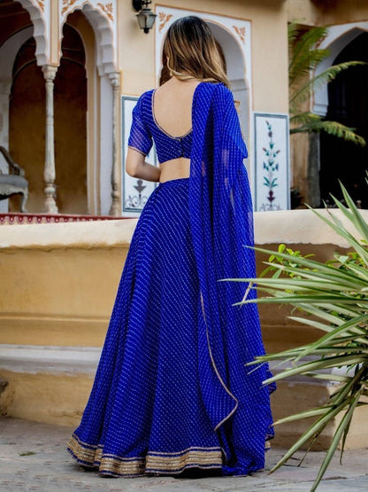 Indian Designer Blue Color Ready To Wear Laheriya Print Work Lehenga Choli