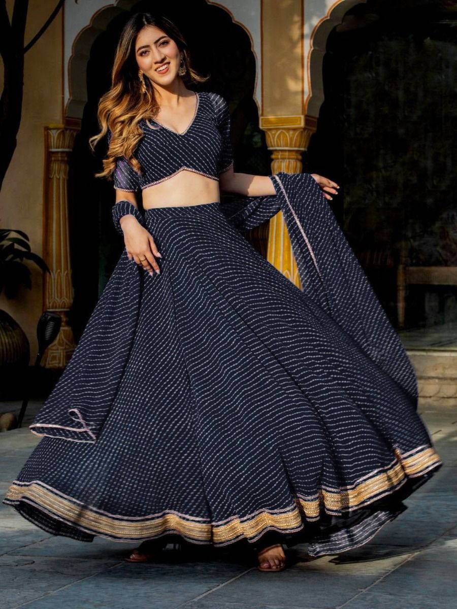 Indian Designer Blue Color Ready To Wear Laheriya Print Work Lehenga Choli