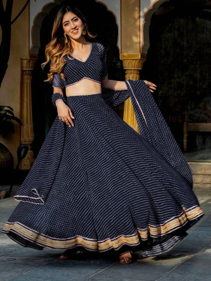 Indian Designer Blue Color Ready To Wear Laheriya Print Work Lehenga Choli