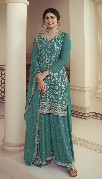 Indian Pakistani Designer Embroidery Work Salwar Kameez Palazzo Suit With Chinon Dupatta