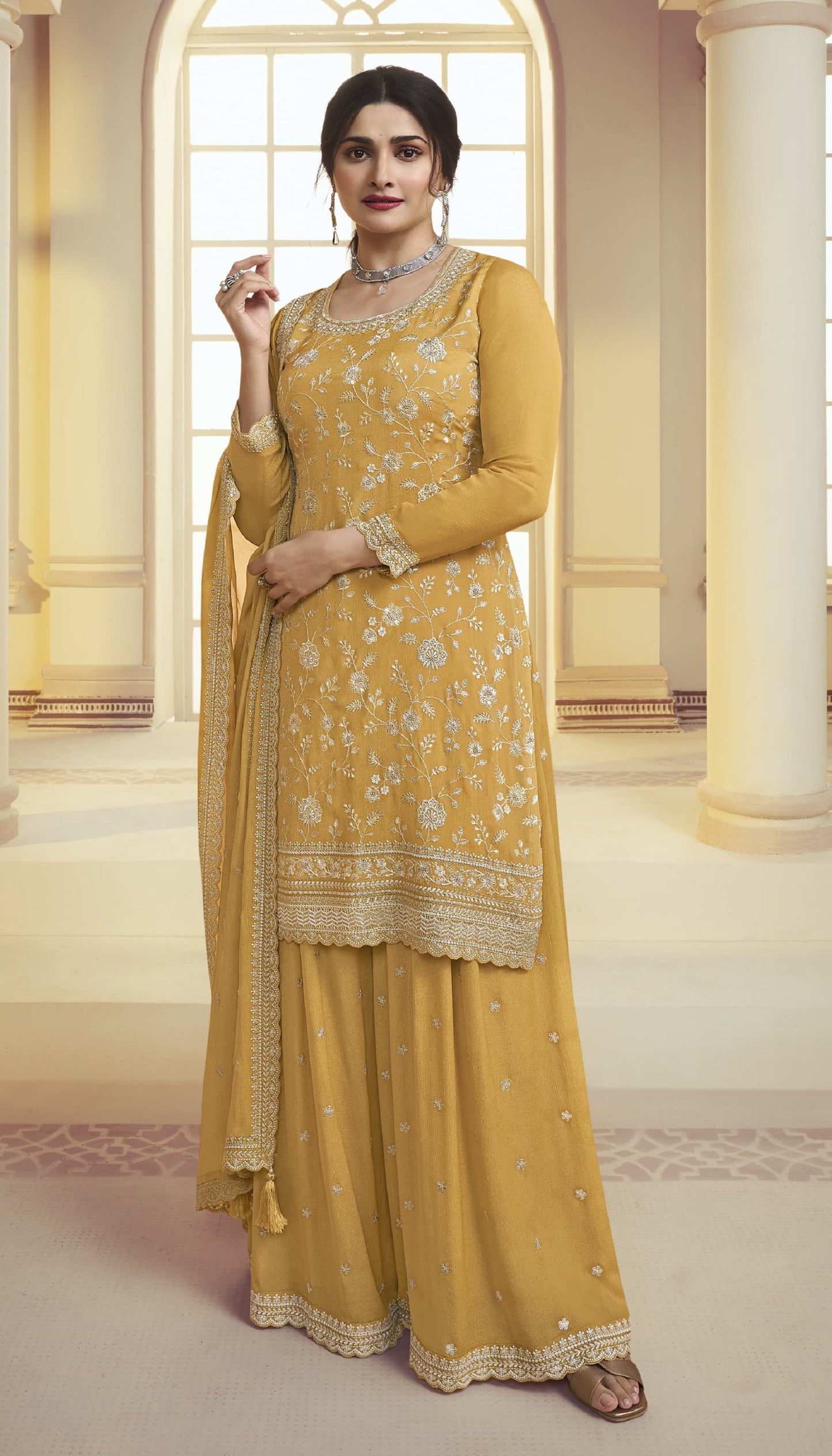 Indian Pakistani Designer Embroidery Work Salwar Kameez Palazzo Suit With Chinon Dupatta