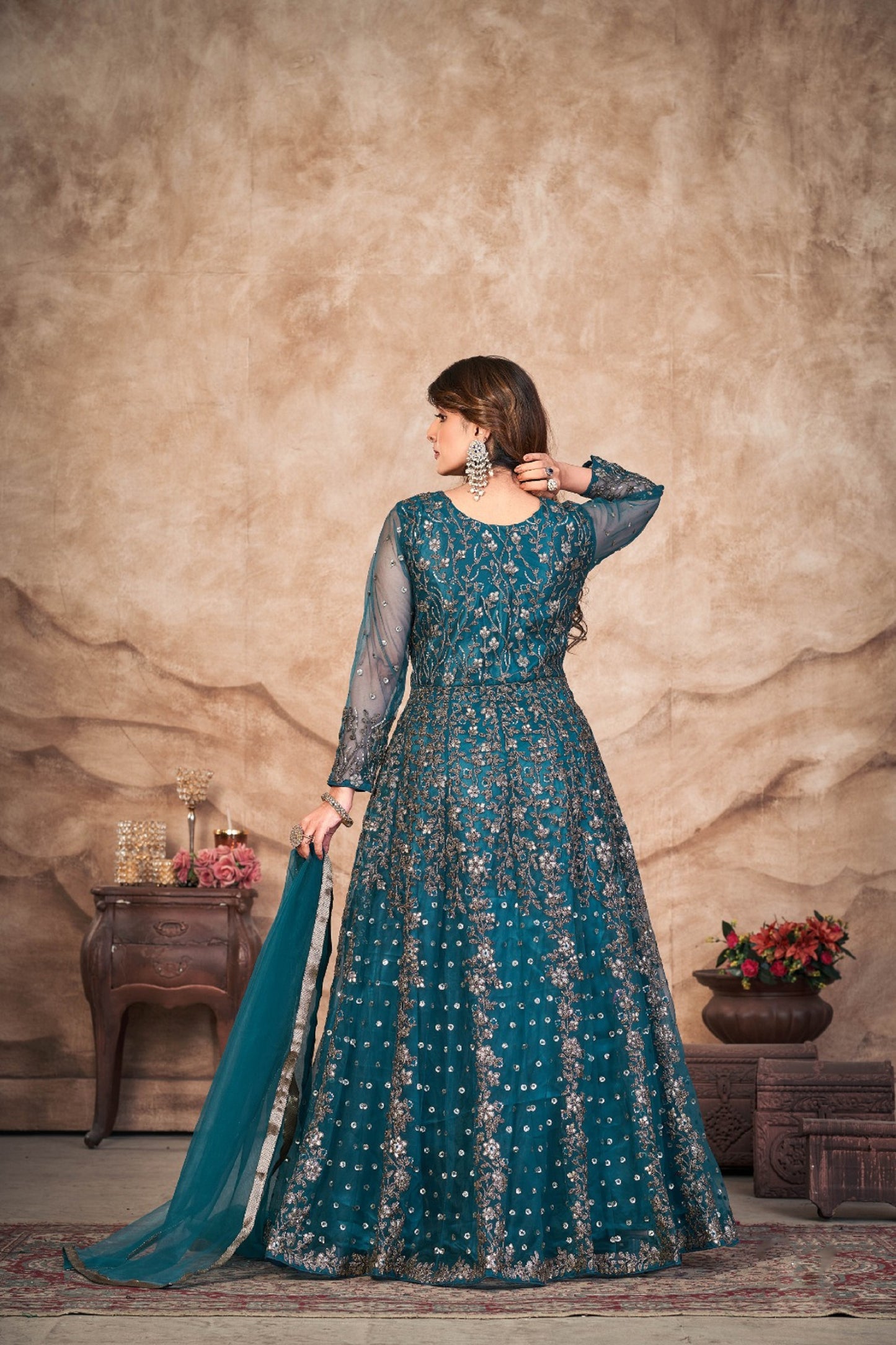 Indian Designer Heavy Embroidery Work Function Wear Anarkali Gown Suits