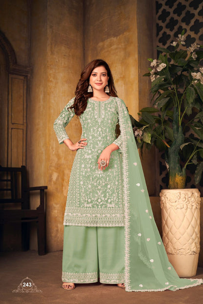 Wedding Reception Party Wear Heavy Embroidery Worked Net Fabric Salwar Kameez Plazzo Suits