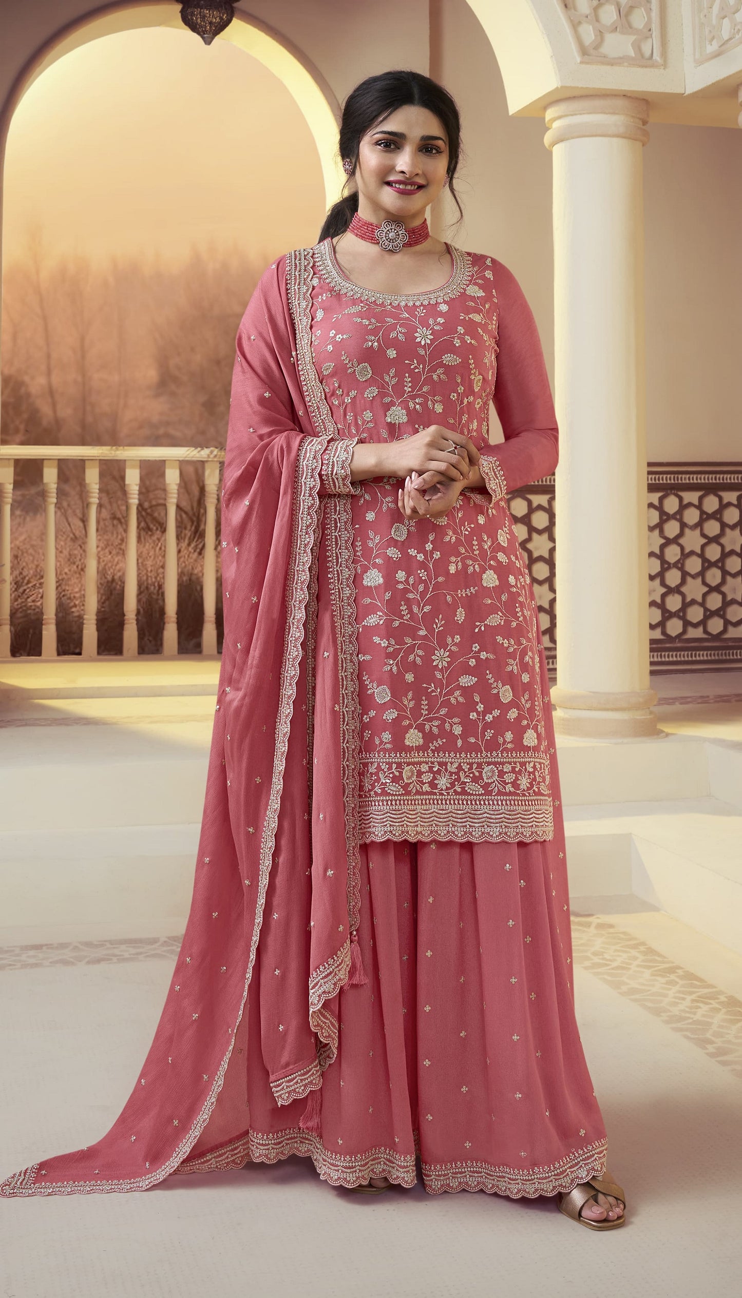 Indian Pakistani Designer Embroidery Work Salwar Kameez Palazzo Suit With Chinon Dupatta