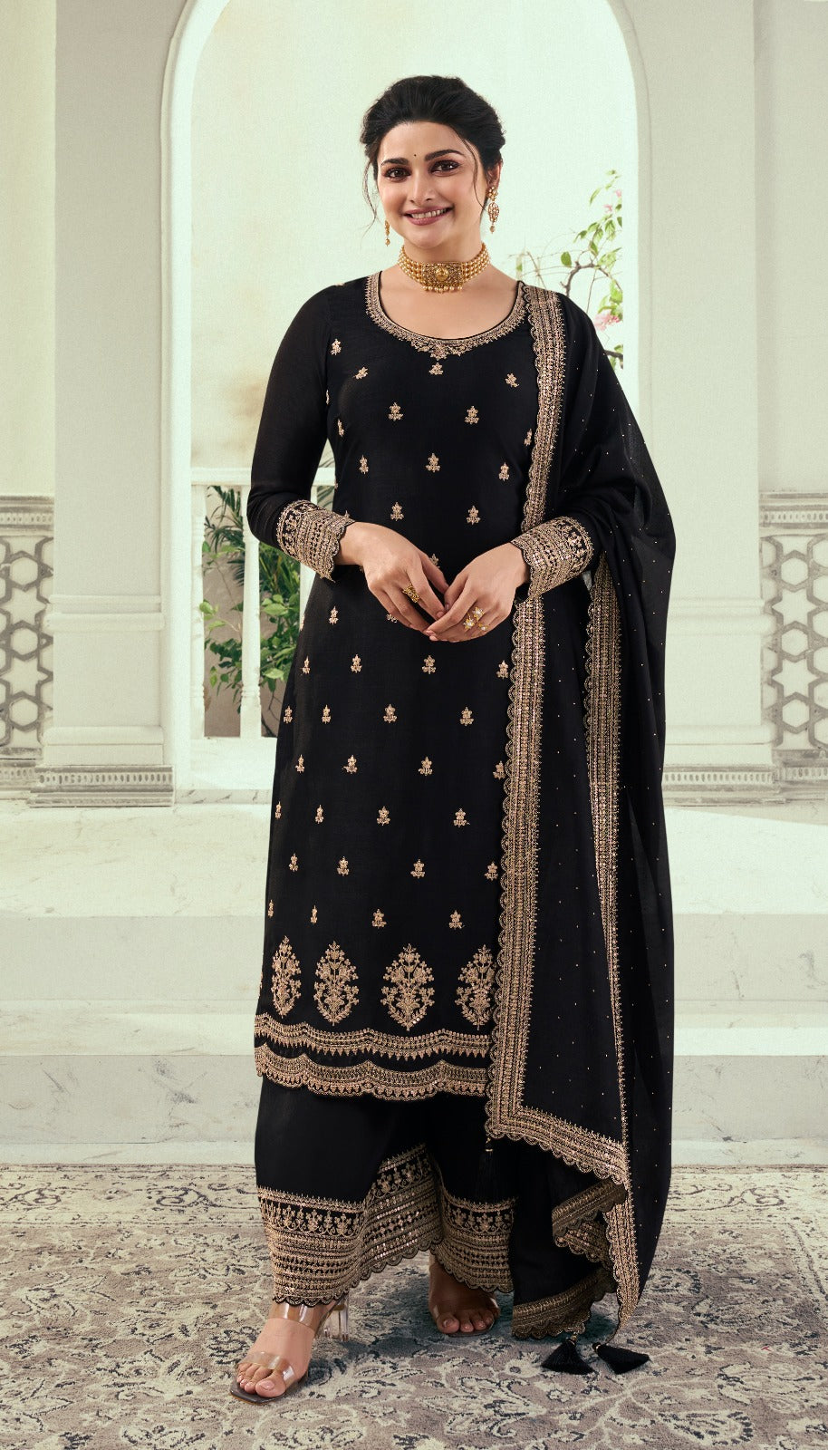 Georgette Fabric Wear Black Color Unique Design Salwar Kameez Plazzo Suits