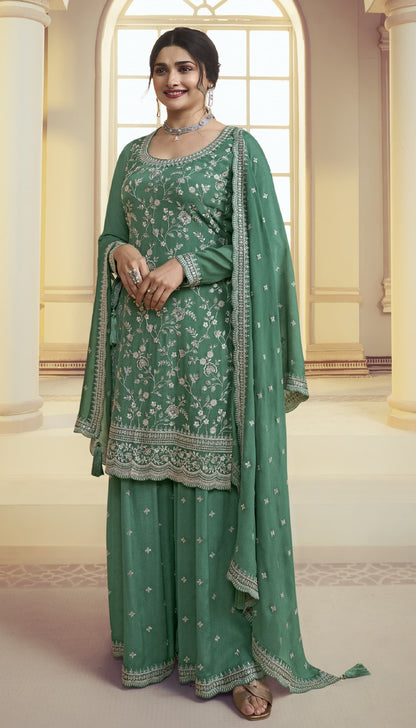 Indian Pakistani Designer Embroidery Work Salwar Kameez Palazzo Suit With Chinon Dupatta