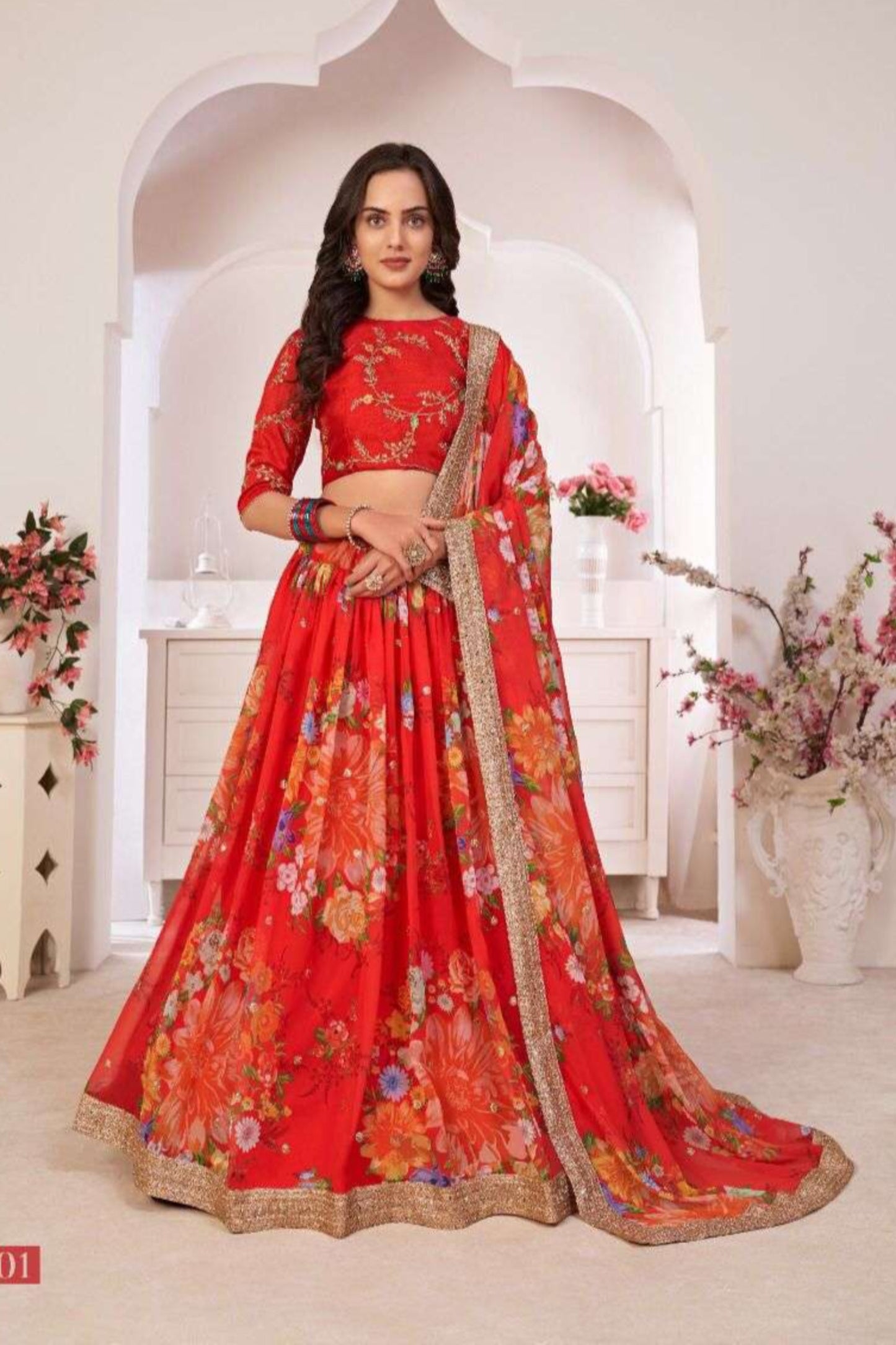 Red Color Georgette Fabric Printed Work Wedding Party Wear Lehenga Choli