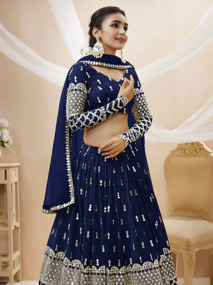 Excellent Navy Blue Color Georgette Fabric Sequins Work Wedding Party Wear Lehenga Choli