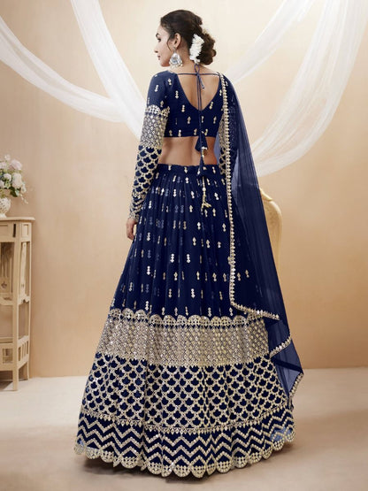 Excellent Navy Blue Color Georgette Fabric Sequins Work Wedding Party Wear Lehenga Choli