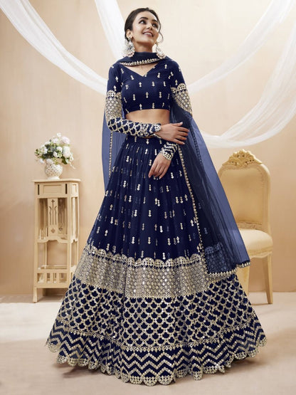 Excellent Navy Blue Color Georgette Fabric Sequins Work Wedding Party Wear Lehenga Choli