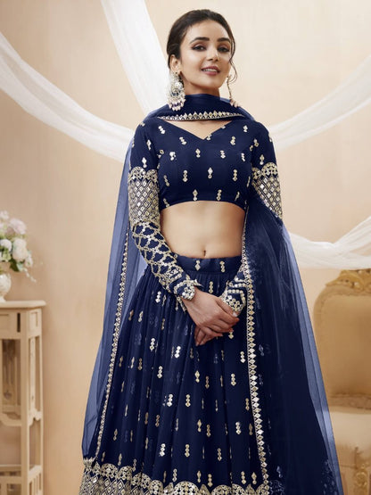 Excellent Navy Blue Color Georgette Fabric Sequins Work Wedding Party Wear Lehenga Choli