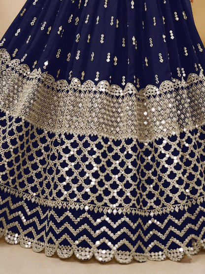 Excellent Navy Blue Color Georgette Fabric Sequins Work Wedding Party Wear Lehenga Choli