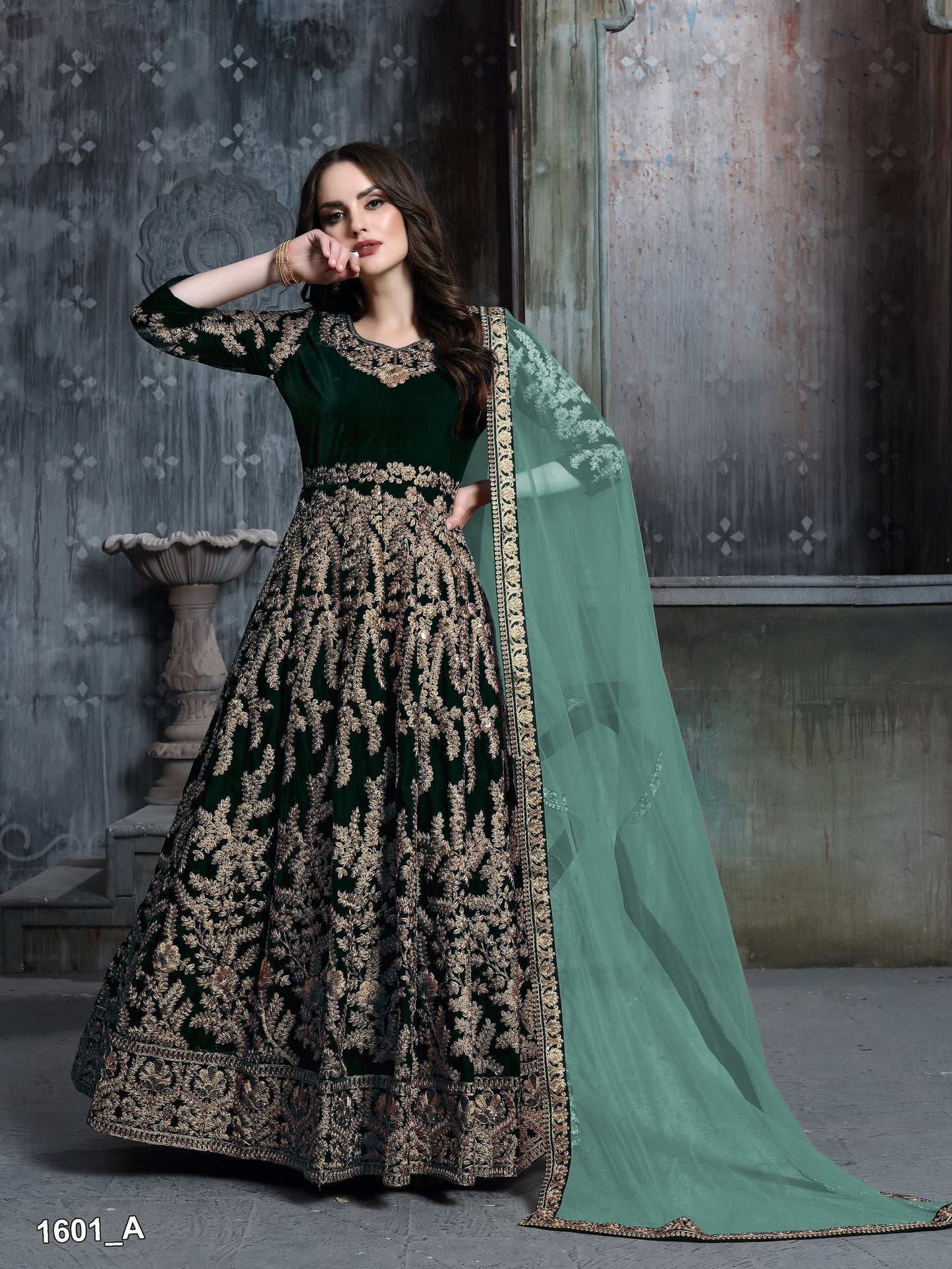 Velvet Fabric Beautiful Handmade Wine Color Anarkali Gown Suits with Heavy Embroidery Work