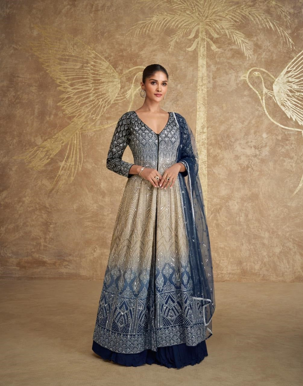 Captivating Beige & Blue Color Pakistani Designer Wedding Function Wear Anarkali Style Indo Western Suits