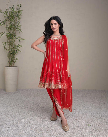 Pakistani Designer Event Wear Red Color Silk Fabric Salwar Kameez Suit