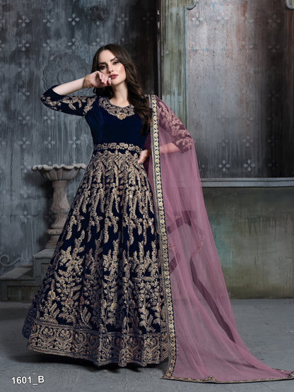 Velvet Fabric Beautiful Handmade Wine Color Anarkali Gown Suits with Heavy Embroidery Work