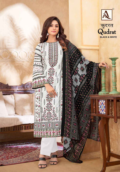 Casual Wear Black and White Color Cotton Print Salwar Kameez Palazzo Pant Suits