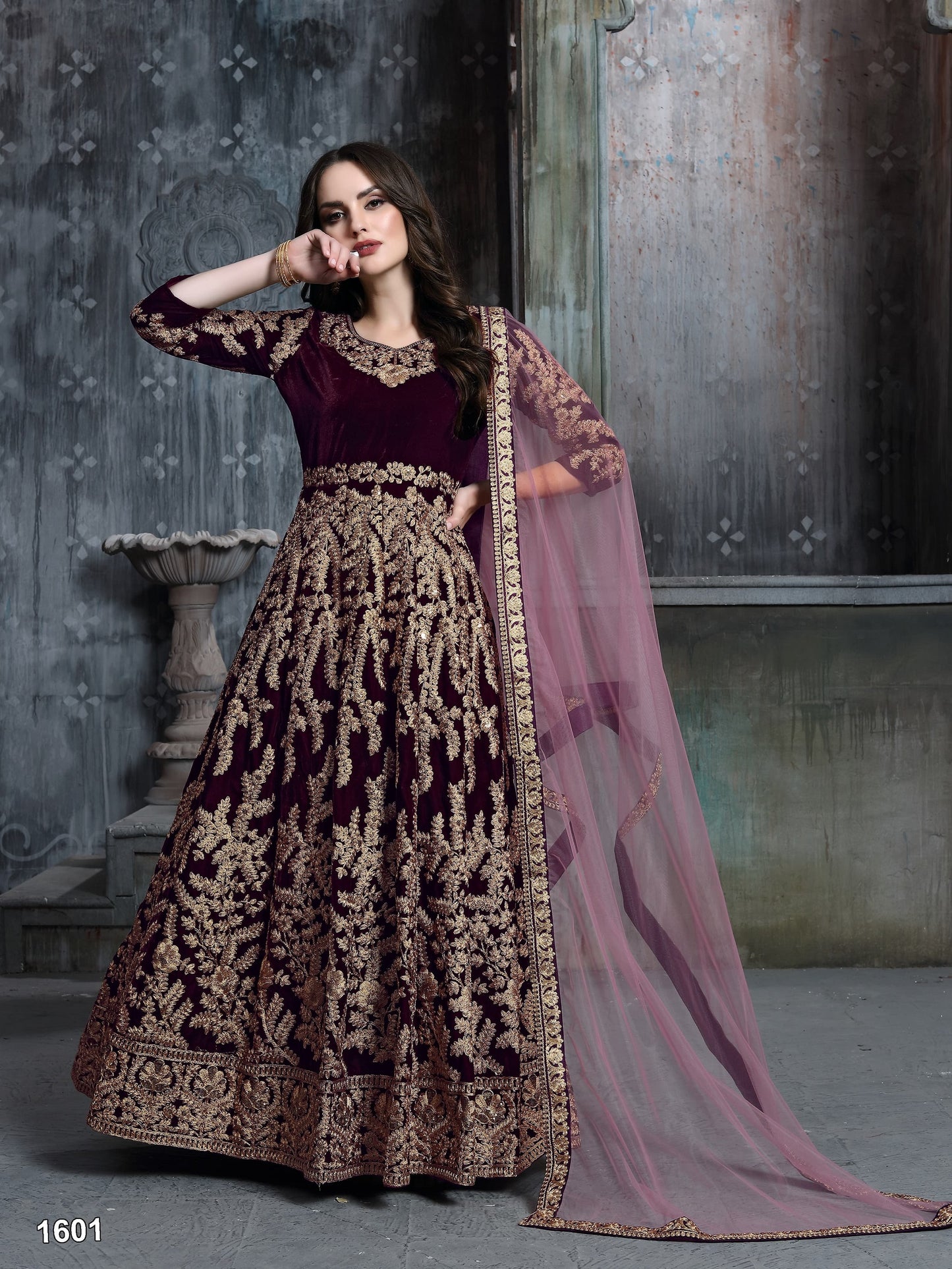 Velvet Fabric Beautiful Handmade Wine Color Anarkali Gown Suits with Heavy Embroidery Work