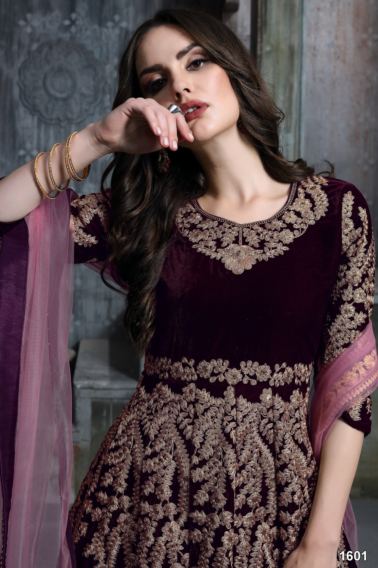 Velvet Fabric Beautiful Handmade Wine Color Anarkali Gown Suits with Heavy Embroidery Work